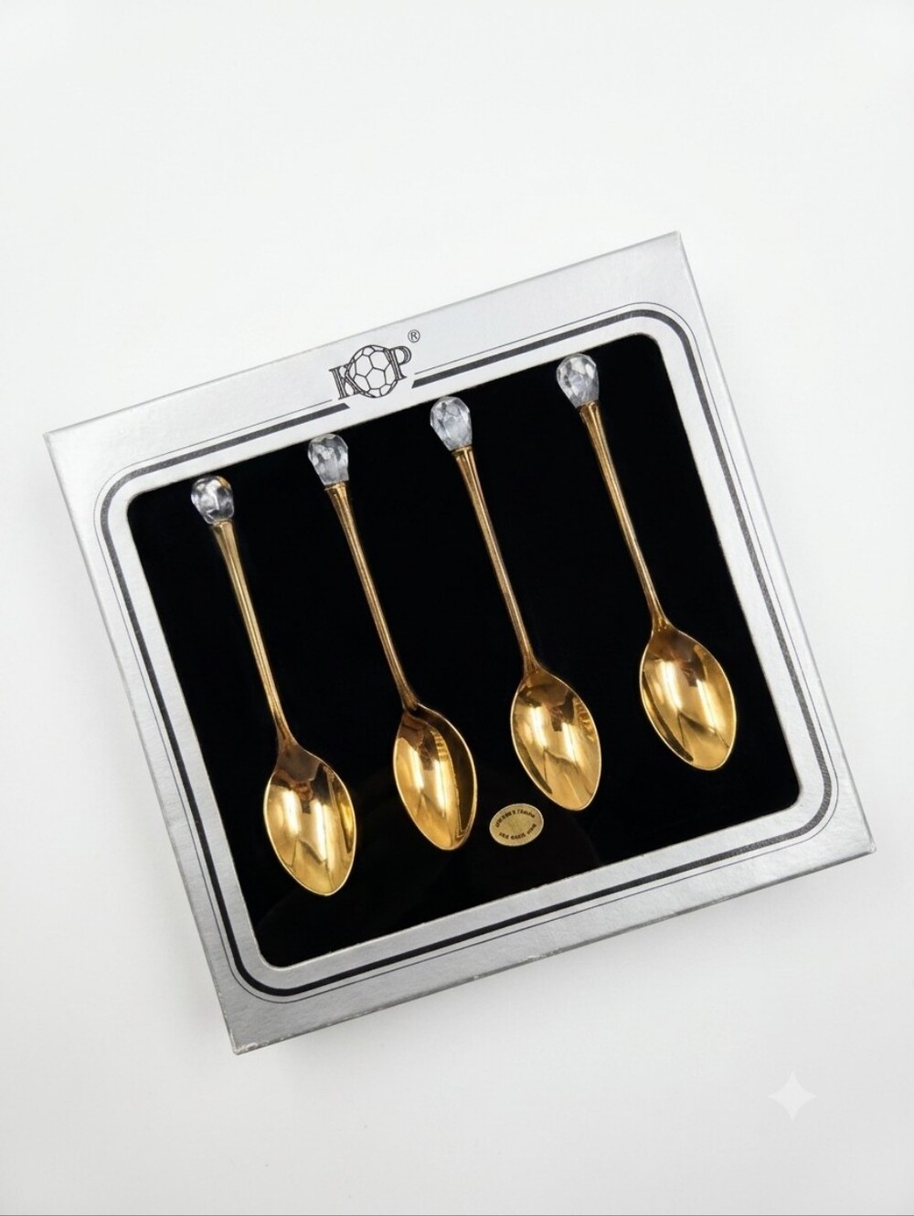 KP 24K Gold Plated Demitasse Spoons Set 4 Swarovski Strass Crystal Vintage Box